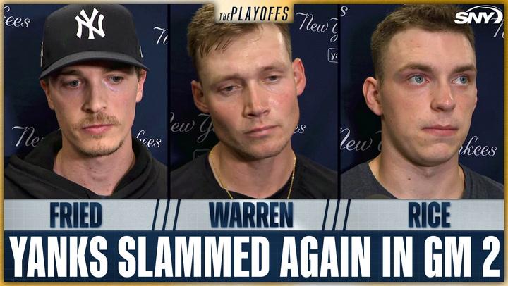 Fried, Warren, and Rice of the Yankees react after team slammed again in Game 2 of the playoffs.