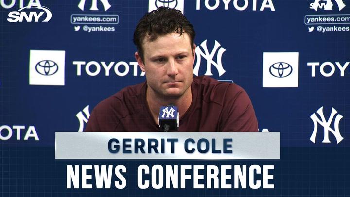 Gerrit Cole at a Yankees press conference discussing Juan Soto signing with the Mets.