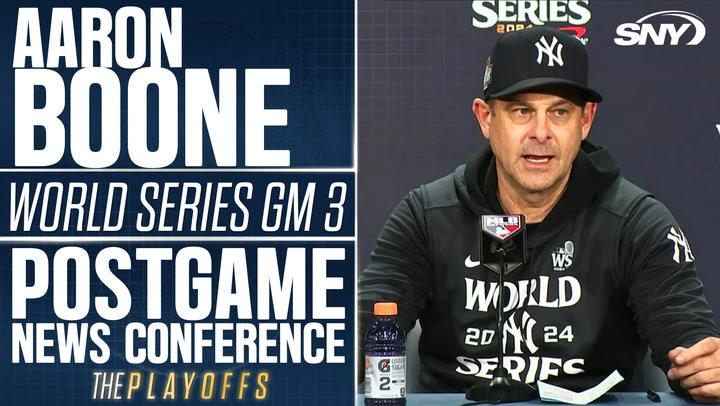 Aaron Boone addresses Game 3 loss, discusses Yankees' World Series sweep threat at a press conference.