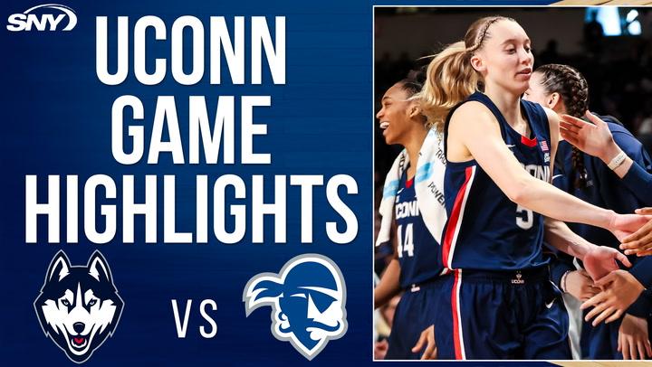 UConn vs Seton Hall: Game highlights showing UConn's dominant 91-49 victory.