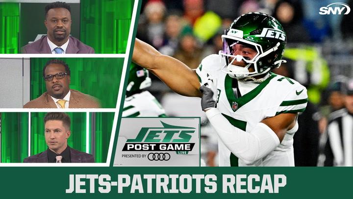 Jets-Patriots recap on SNY Jets Post Game Live with three analysts pictured and a Jets player celebrating.