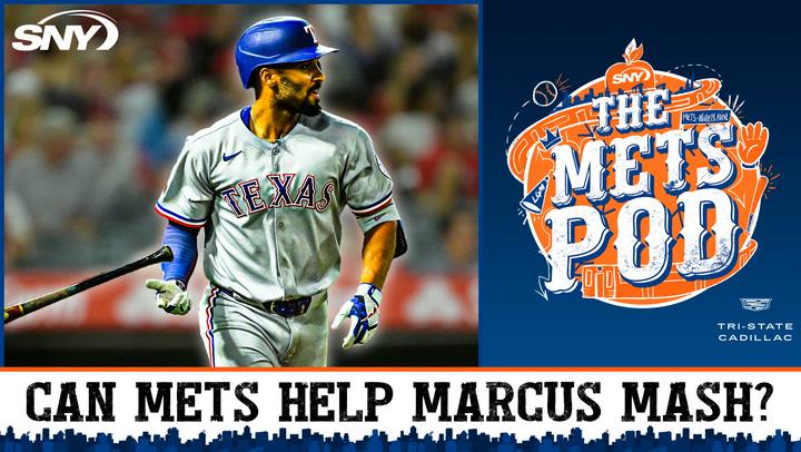 SNY graphic with a Texas player named Marcus and text asking "Can Mets help Marcus mash?" for The Mets Pod.