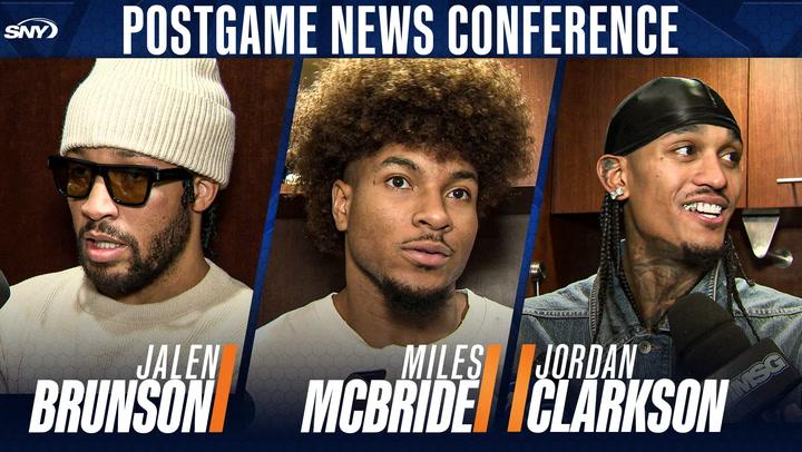Jalen Brunson, Miles McBride, and Jordan Clarkson at a postgame news conference.