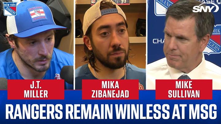 J.T. Miller, Mika Zibanejad, and Mike Sullivan featured above headline "Rangers remain winless at MSG