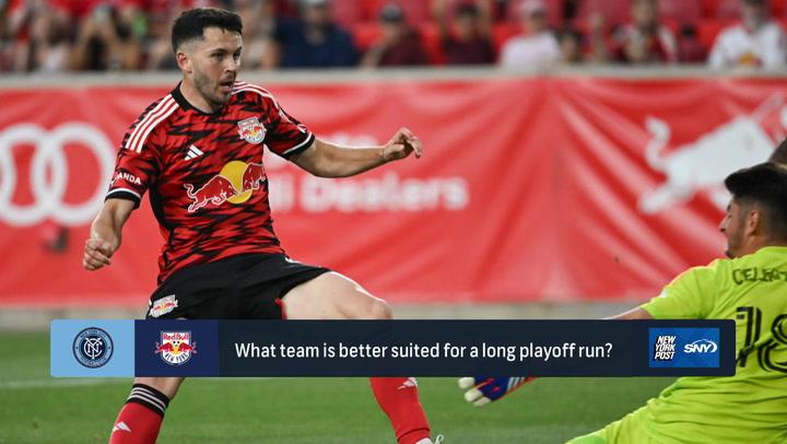 Red Bulls player in action against NYFC during playoff week. Key factors for both NY teams' wins.