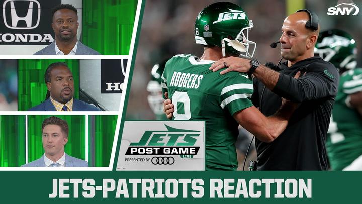 Bart Scott, Willie Colon, and crew react to Jets' 24-3 win over Patriots, discussing Rodgers' form.