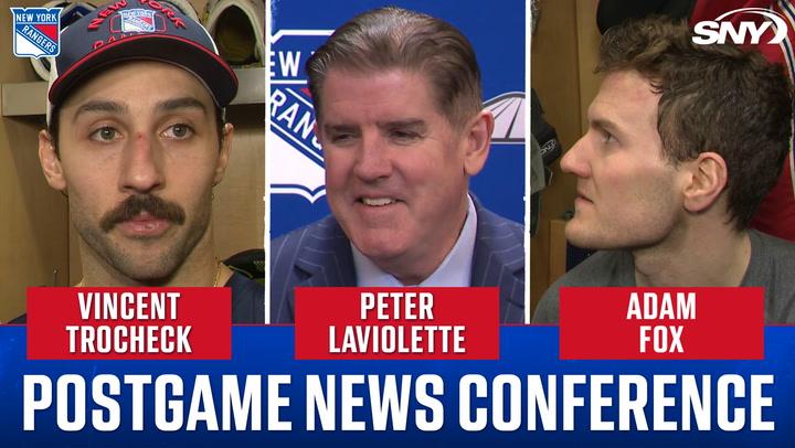 Postgame conference with Vincent Trocheck, Peter Laviolette, Adam Fox on Rangers' 3-2 win.