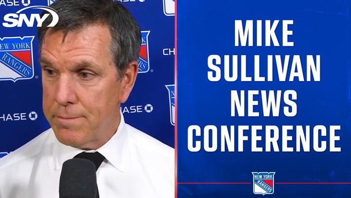 Mike Sullivan news conference with New York Rangers logo and SNY branding.