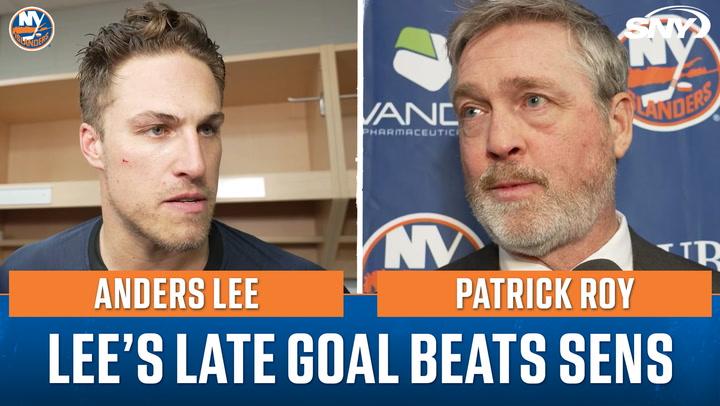 Anders Lee and Patrick Roy featured with headline "Lee’s late goal beats Sens" for the Islanders.