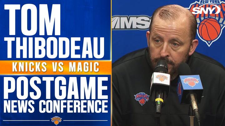 Tom Thibodeau addresses low energy in Knicks' loss to Magic at the postgame press conference.