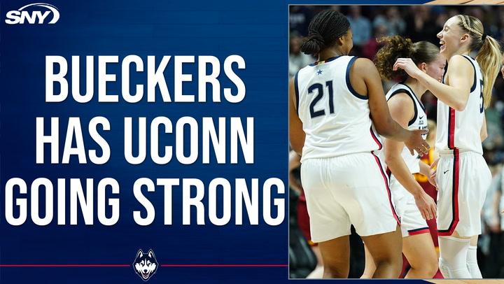 Bueckers and Strong celebrate a play, showcasing UConn's synced offense, powered by them.