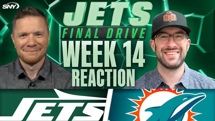 Jets Final Drive Week 14 reaction with Jets and Dolphins logos and two hosts shown