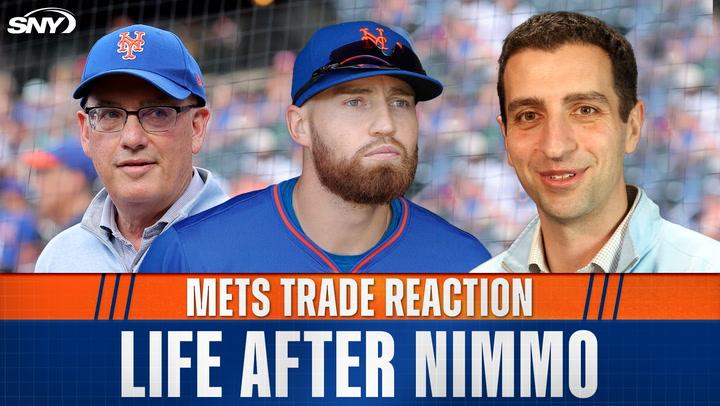 SNY graphic with three men, Mets logos, and the text "Mets Trade Reaction: Life After Nimmo".