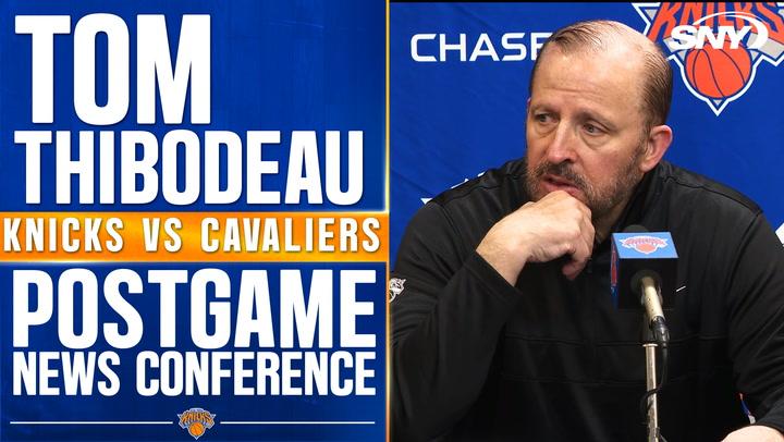 Tom Thibodeau addresses postgame media after Knicks' 110-104 loss to Cleveland at home.