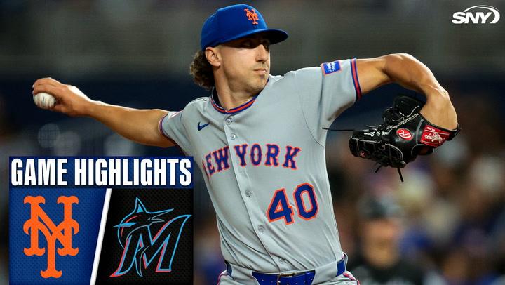 New York Mets pitcher wearing number 40 prepares to throw against the Marlins with Game Highlights text and team logos displayed.