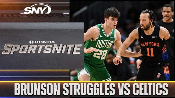 Brunson struggles as New York faces Boston, with a Celtics defender guarding him closely.