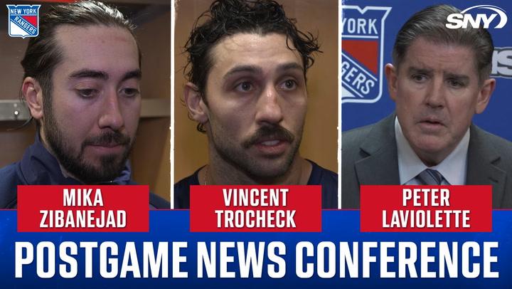 Postgame comments by Zibanejad, Trocheck, Laviolette on Rangers' offense in 4-0 loss to Carolina.