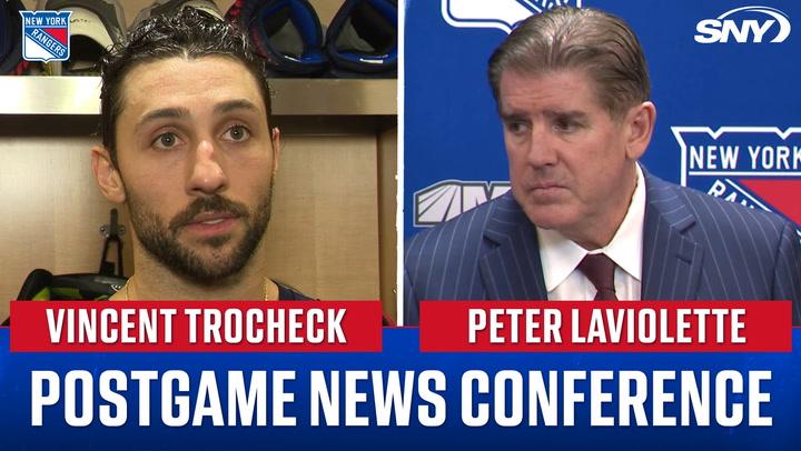 Vincent Trocheck and Peter Laviolette discuss the 'tough day' after Jacob Trouba trade.