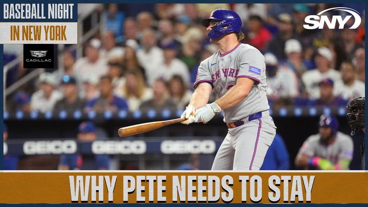 New York Mets' Pete Alonso at bat with headline "WHY PETE NEEDS TO STAY" on SNY's Baseball