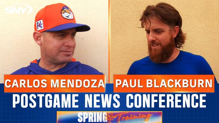 Carlos Mendoza and Paul Blackburn react to the right-hander's outing in Mets spring training game