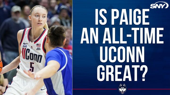 Paige Bueckers dribbles in a UConn game; text asks if she's an all-time UConn great.