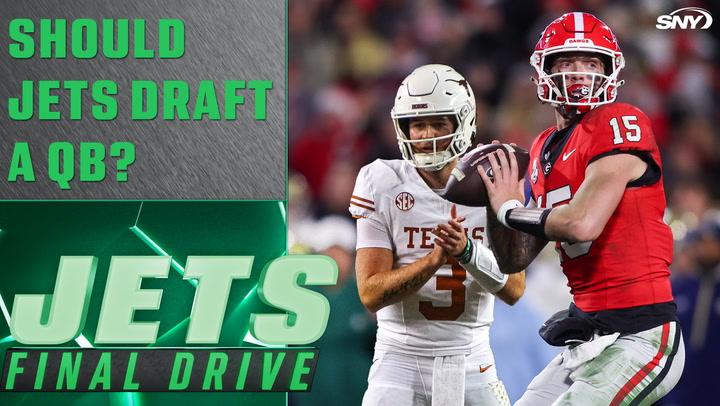 Alt text: "Jets Final Drive evaluates 2025 NFL Draft prospects for potential quarterbacks."