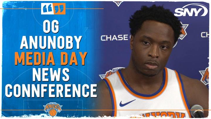 OG Anunoby speaks at Knicks media day about staying in NY, offseason work, and teaming up with Mikal Bridges.