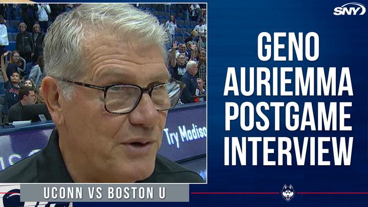 Geno Auriemma discusses UConn's effort in 86-32 win over Boston U, praising Sarah Strong.