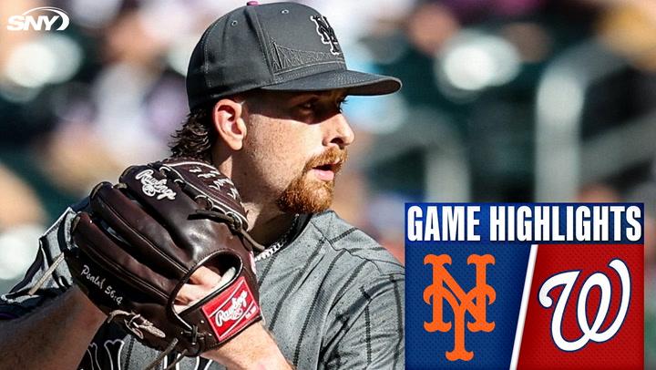 Mets vs. Nationals game highlights shown with a Mets pitcher in action.