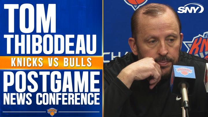 Knicks coach Tom Thibodeau discusses Josh Hart's late foul in loss to Bulls at a conference.