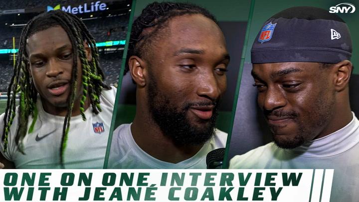 Three New York Jets players being interviewed, with text reading "ONE ON ONE, INTERVIEW WITH JEANÉ COAKLEY