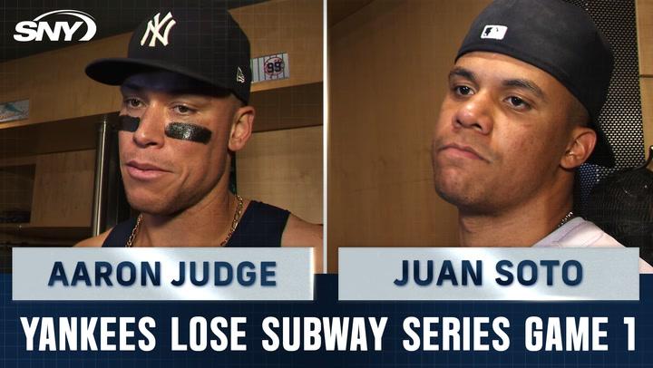 Aaron Judge and Juan Soto react to the Mets 9-7 win over the Yankees