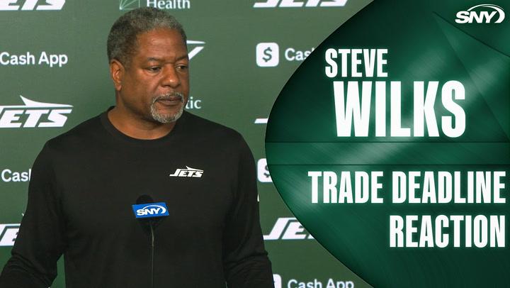 Steve Wilks at Jets press conference with graphic reading "Steve Wilks Trade Deadline Reaction" on SNY.