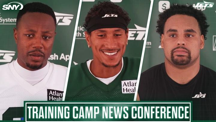 Alijah Vera-Tucker and Josh Reynolds on Tyrod Taylor at Jets training camp