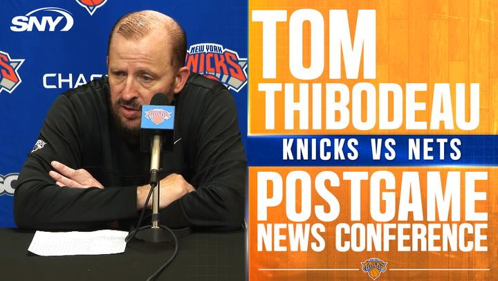 Tom Thibodeau at a press conference discusses Knicks’ resilient 124-122 win over Nets.