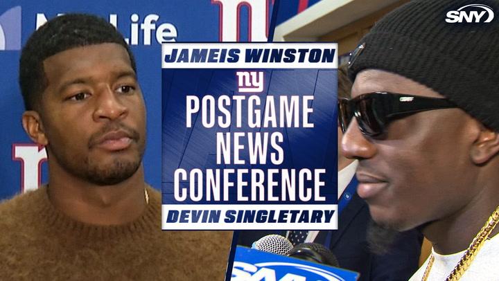 Jameis Winston and Devin Singletary featured in a Giants postgame news conference.