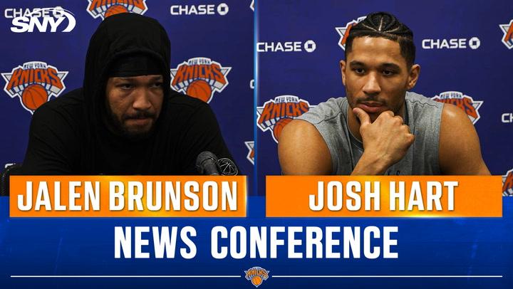 Jalen Brunson and Josh Hart speak at Knicks news conference about team dynamics and learnings.