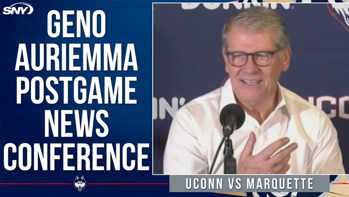 Geno Auriemma discusses UConn's 92-57 win over Marquette, praising Paige Bueckers' play.