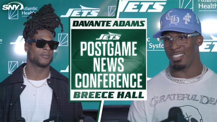 Jets' Davante Adams and Breece Hall discuss win over Texans and Garrett Wilson's catch.