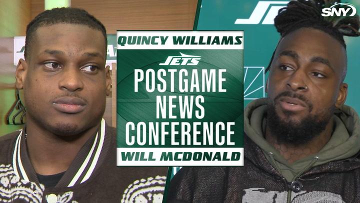 Quincy Williams and Will McDonald at Jets postgame news conference, SNY logo in corner.