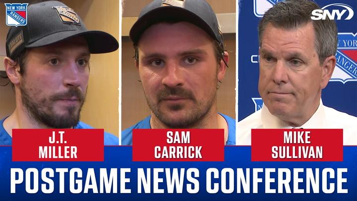 J.T. Miller, Sam Carrick, and Mike Sullivan featured in New York Rangers postgame news conference coverage.