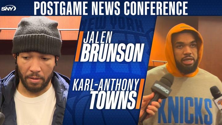 Jalen Brunson and Karl-Anthony Towns speak at the postgame news conference.