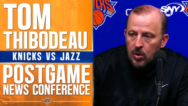 Tom Thibodeau discusses Knicks' 121-106 loss to Jazz, calling out poor rebounding and defense.