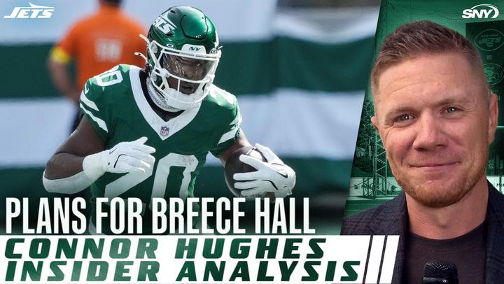 Jets' Breece Hall featured with text "Plans for Breece Hall" and "Connor Hughes Insider Analysis" alongside Connor Hughes