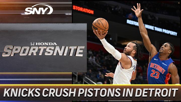 Knicks vs. Pistons action shot featured on SportsNite, discussing New York's seasonal potential.