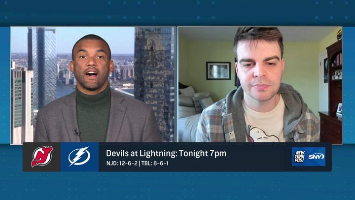 TV broadcast discussing Devils' matchup against Lightning tonight at 7pm, aiming for third win.