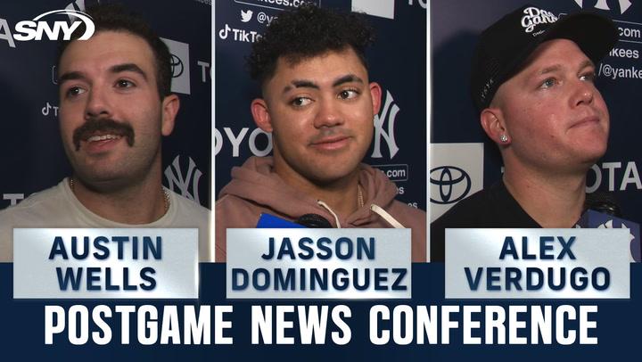 Austin Wells, Jasson Dominguez, and Alex Verdugo discuss Yankees' win over Royals at postgame conference.