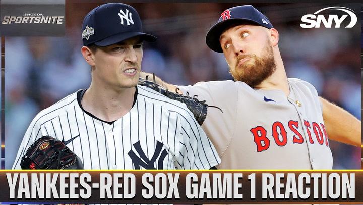 Yankees vs Red Sox Game 1 reaction with pitchers from both teams shown.