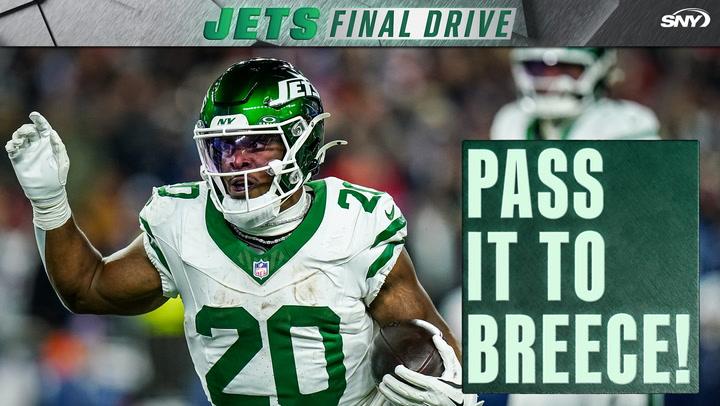 Jets running back Breece Hall in action with text reading "PASS IT TO BREECE!" and "JETS FINAL DRIVE