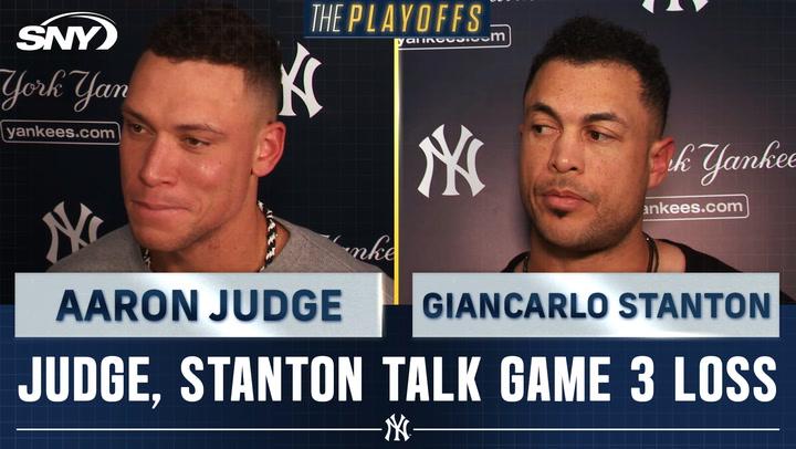 Aaron Judge and Giancarlo Stanton discuss the Yankees' mindset to avoid a World Series sweep.